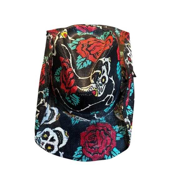 Peter Grimm Cowboy Hat Sugar Skulls/Rose Print Black Cotton Western Cowgirl EUC - Picture 6 of 8